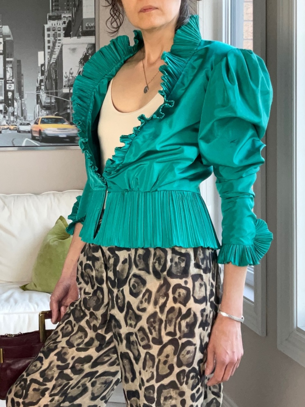Green taffeta open front pleat ruffle jacket